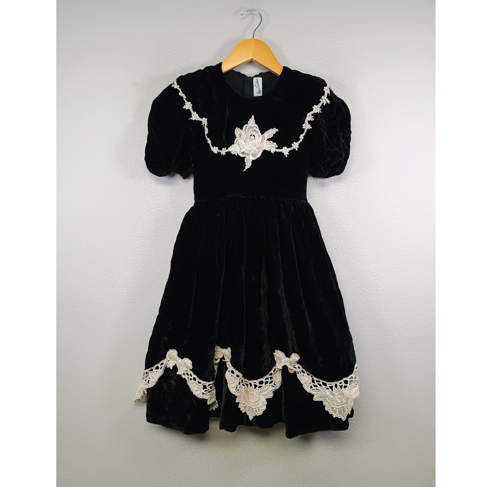 Vintage Coquette Jayne Copeland Girls Black Velvet Lace Holiday Dress White Tie